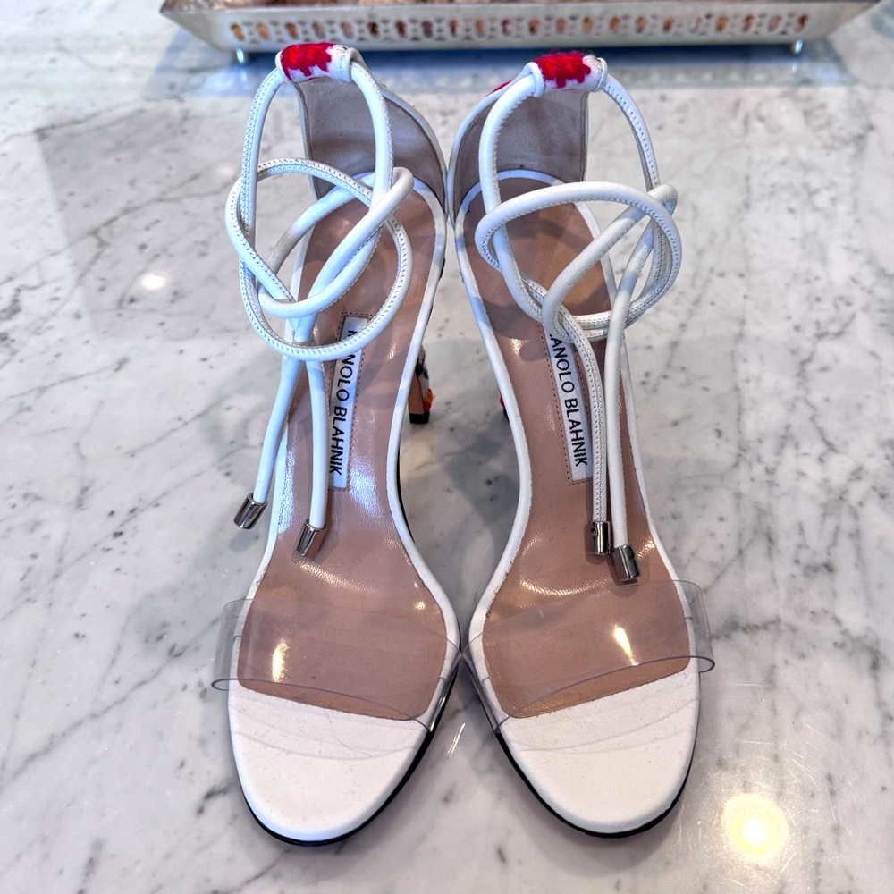 MANOLO BLAHNIK white PVC strap ankle tie heels - NWT